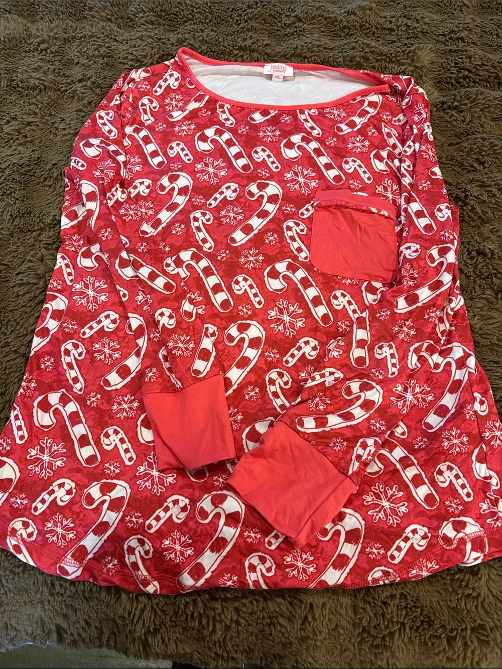 Women’s Red Candy Cane Pocket Long-Sleeve Pajama Top & Pants